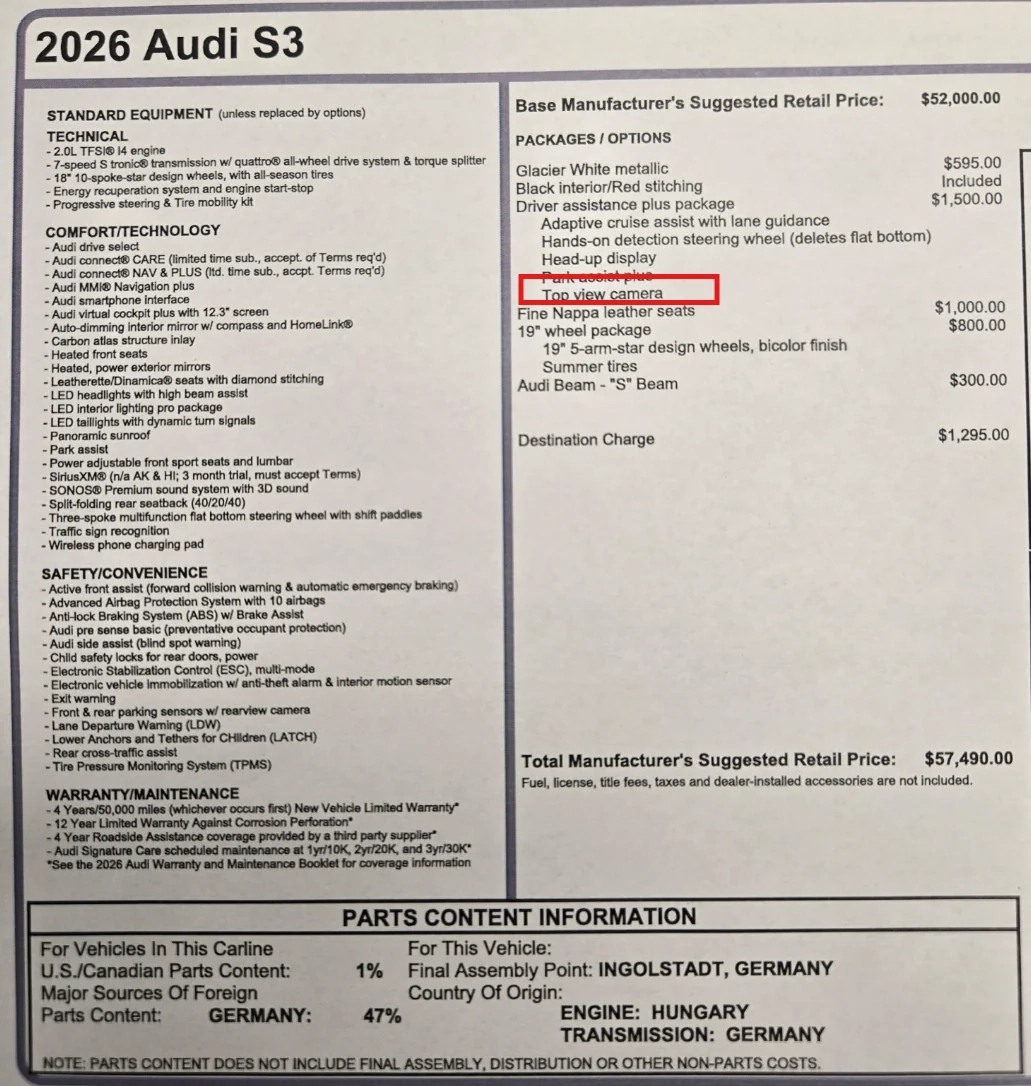 2025 2026 Audi S3 Top View Camera In The Driver Assistance Plus Package R Audi