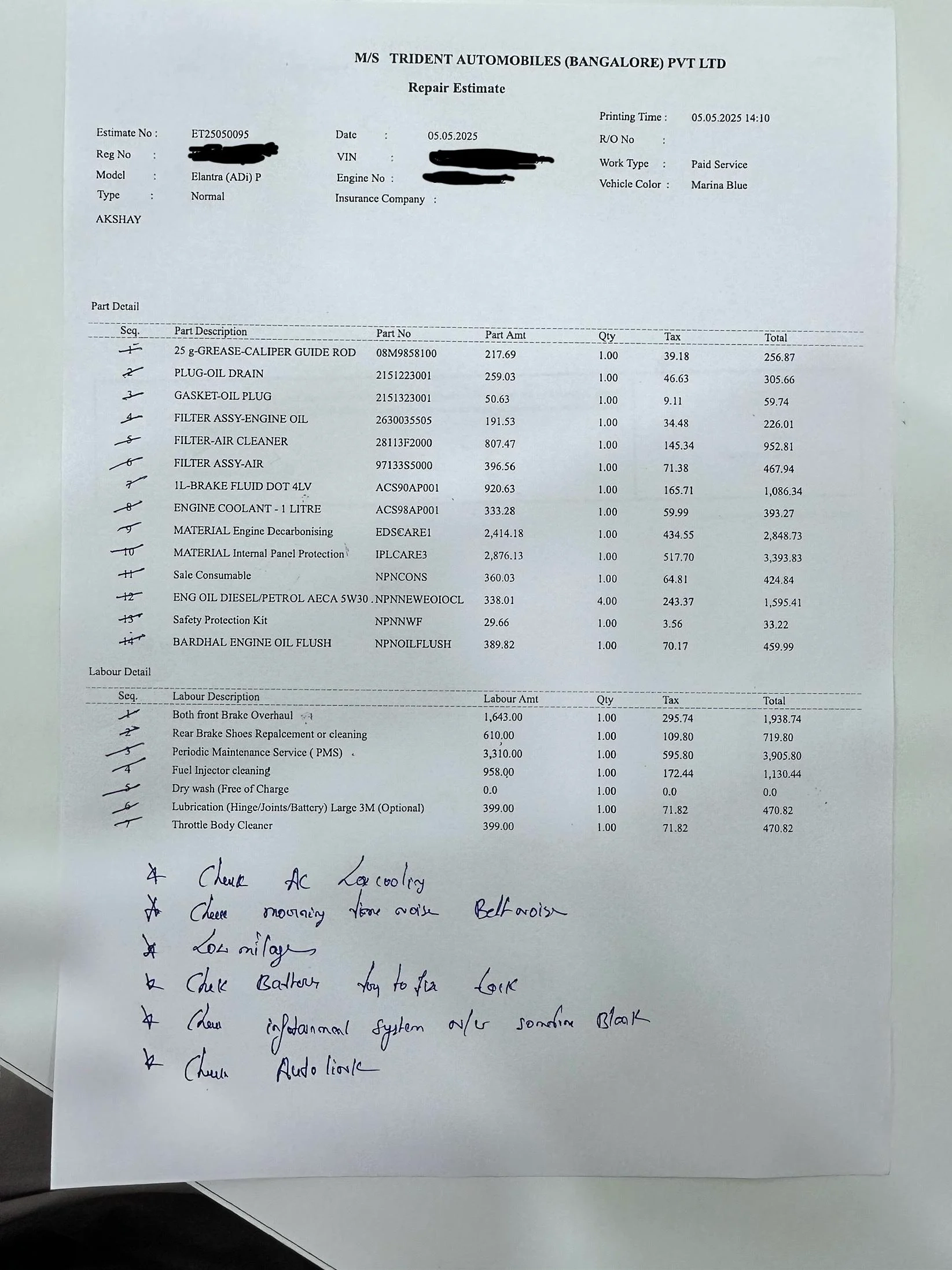 Hyundai Elantra Service Estimate R carIndia