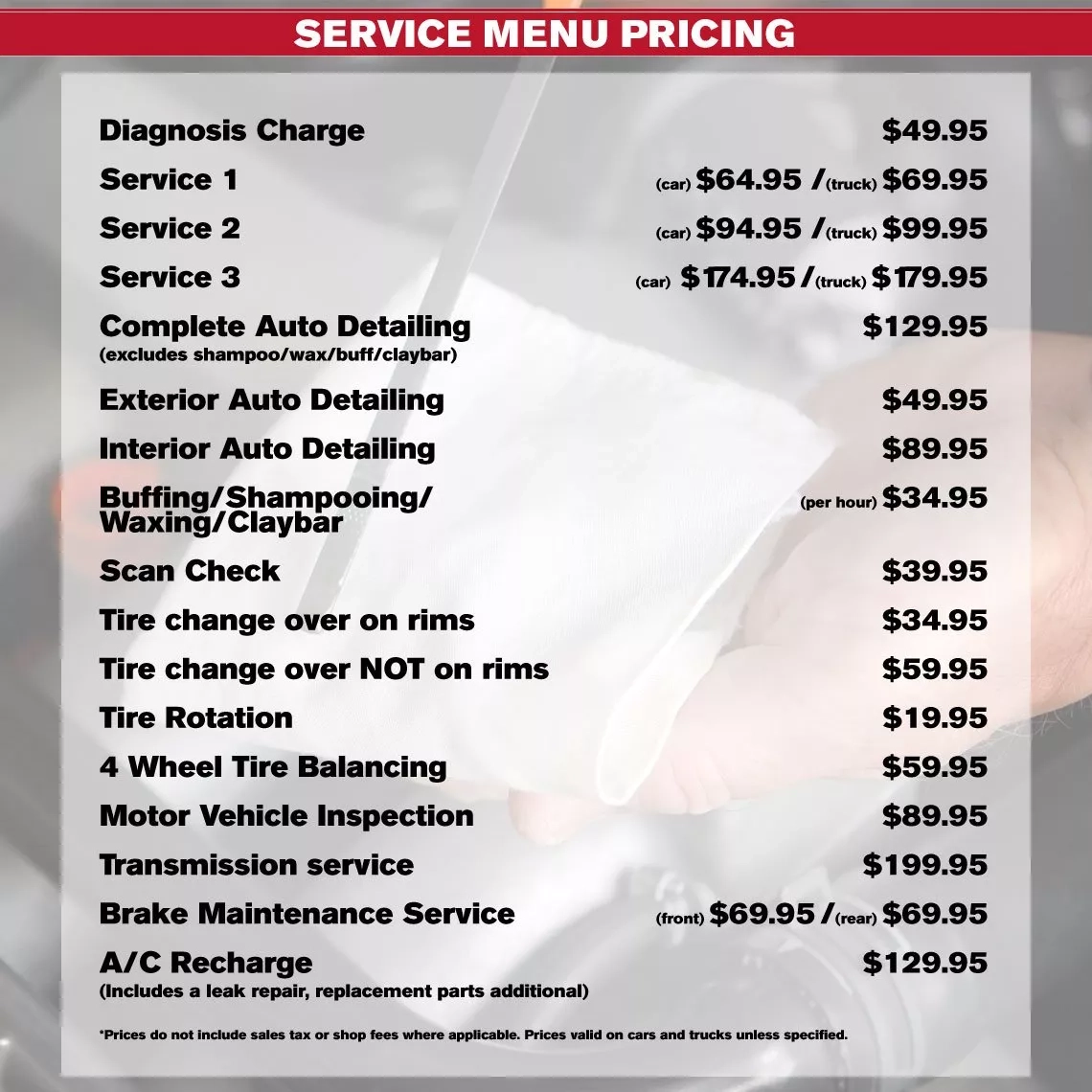 Service Menu Pricing